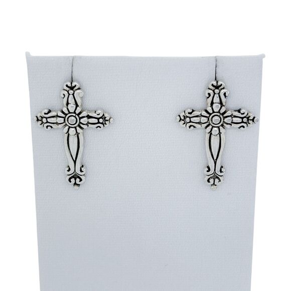 Vintage MJ Silver Tone Cross Design Pierced Earrings - Picture 1 of 5